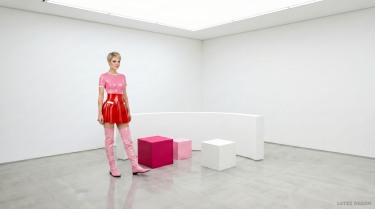 Cleo In Pink Latex Top And Red Mini Skirt With Thighhigh Boots 4