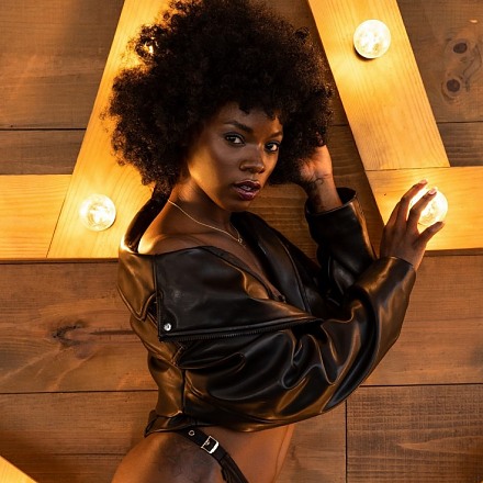 Ebony Goddess Ana Foxxx Poses In Her Black Leather Jacket