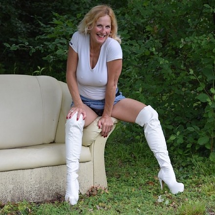 Blonde Amateur Milf Molly In Denim Mini Skirt And White Thighhigh Boots In The Woods
