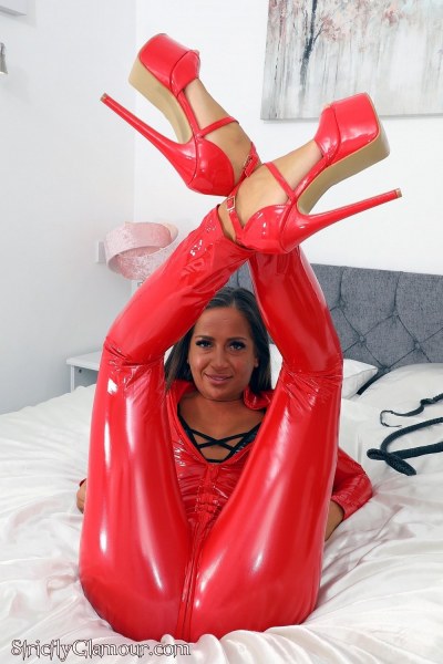 Lara Lee Red Pvc Catsuit And Bull Whip 5