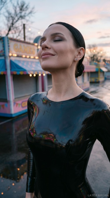 Liora Black Latex Catsuit Fairground Dawn Editorial 5