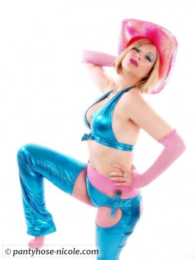 Nicole Posing In Metallic Blue Spandex Outfit 2