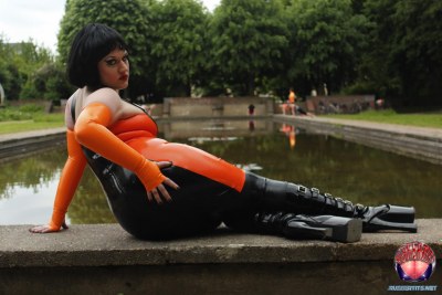 Public Posing In Orange Black Latex Outfit 11