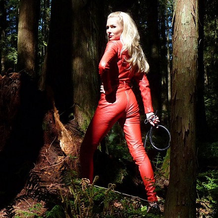 Mistress Eleise De Lacy In Red Leather Catsuit Dominates In The Forrest