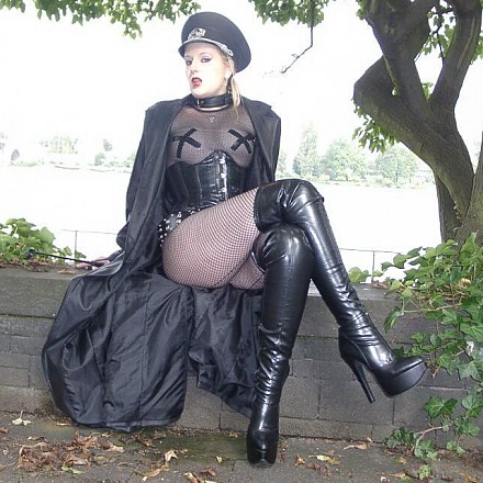 Blonde Amateur Fetish Girl Lady Avengelique In Her Military Outfit With Long Leather Boots Poses In Public