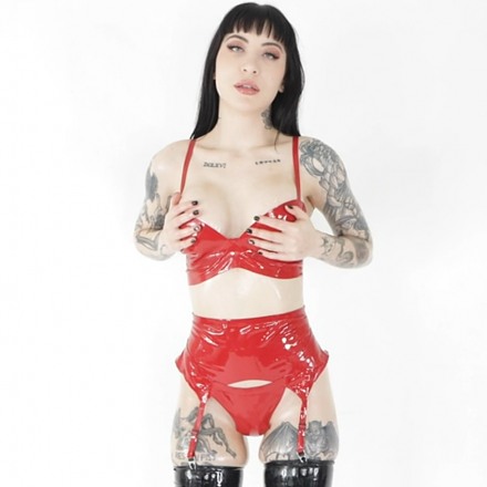 Inked Dark Haired Hottie Charlotte Sartre Dressed In Red And Black Latex Gets Ass Fucked By Ramon Nomar