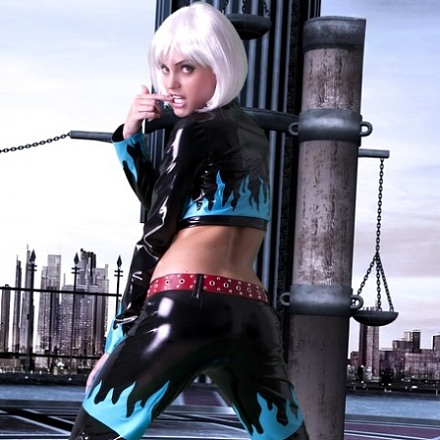 Hot Blonde Cosplay Girl Nayma In A Black And Blue Pvc Outfit