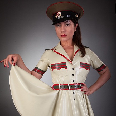 Sexy Brunette Domme Ella Kross Poses In Her White Latex Military Dress