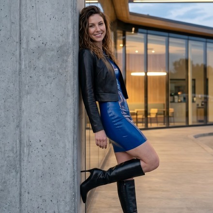 Fictional Ai Set Of Ira In A Sapphire Blue Latex Mini Dress, Black Leather Jacket And Black Knee-high Boots